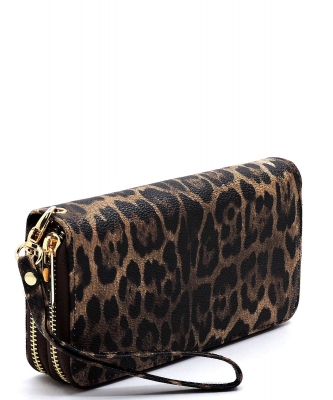 Leopard Double Zip Around Wallet Wristlet LE0012 Brown